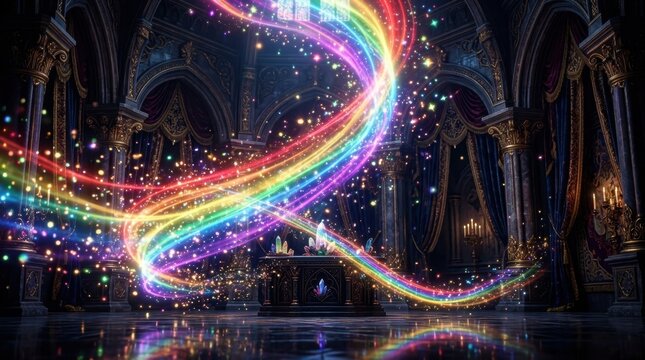 Magical Rainbow Swirls and Glittering Lights in Ornate Gothic Hall
