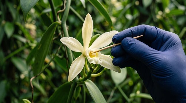 Manual pollination of a vanilla orchid flower by a hand in blue gloves using a wooden stick in a tropical plantation