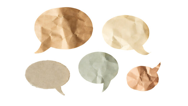 A collection of isolated png blank vintage ticket shaped speech bubbles with a realistic crumpled paper texture design
