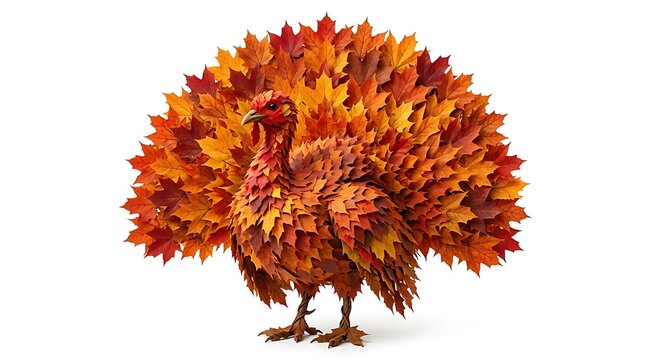 Autumn Turkey Sculpture Made from Vibrant Red, Orange, and Yellow Leaves