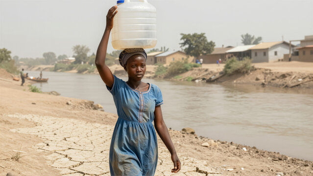 Young woman carrying water jug on head near riverbank. Conceptual photo about water scarcity, drought, and daily struggle in rural Africa