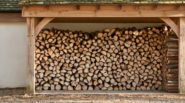 Neatly stacked log store filled under a timber shelter