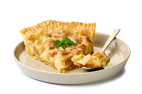 a delicious pie slice served on a plate with a fork, inviting and warm in an indoor setting with beige and brown tones, top-down perspective, food photography, culinary content, baked dough.