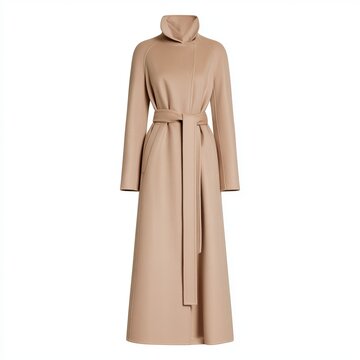 Beige luxury cashmere wool coat appears on a white background using ghost mannequin editing.