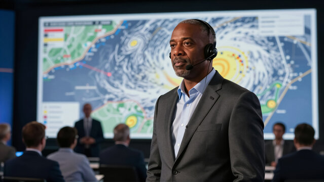 Professional businessman presenting in a conference room. Expert wearing a headset with a hurricane weather map displayed on a screen