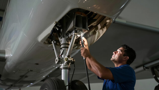 Aircraft mechanic performing maintenance on landing gear. Technician inspecting commercial airplane in a hangar