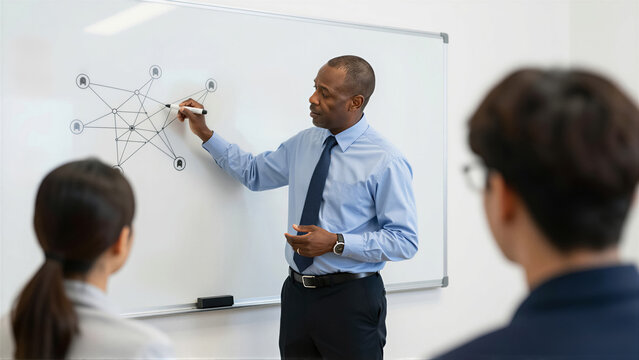 Professional businessman presenting business strategy on whiteboard. Experienced manager leading corporate meeting with office team