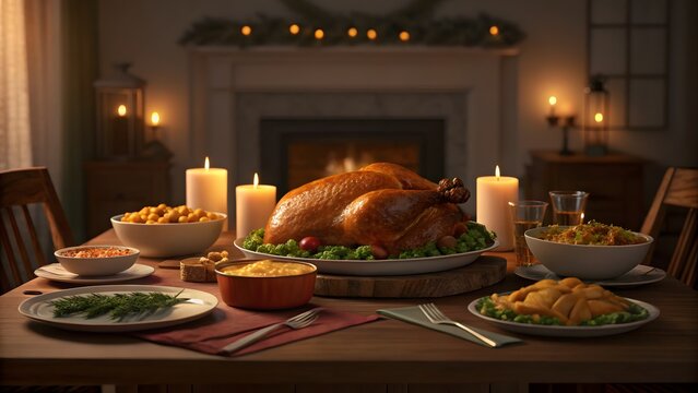 Roasted thanksgiving turkey dinner feast served on a wooden dining table displayed on transparent background