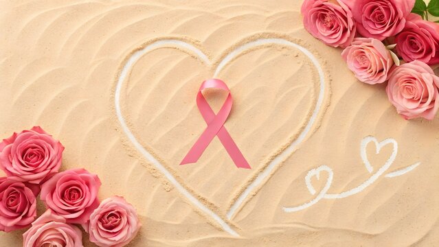 Pink breast cancer awareness ribbon resting inside a large heart drawn in sand on transparent background