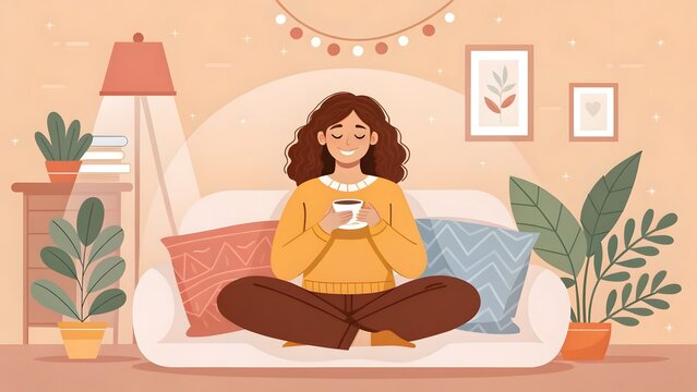 Happy woman sitting comfortably on couch holding hot beverage cup with warm lighting on transparent background