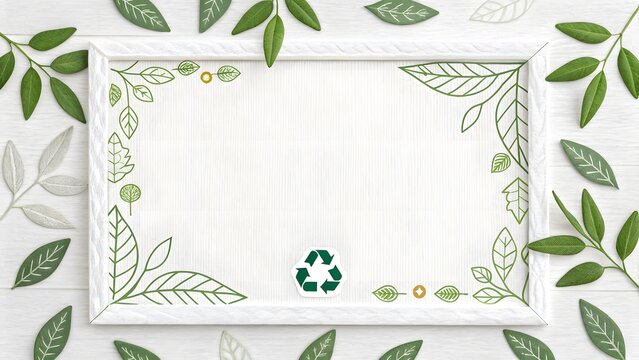 Decorative rectangular wooden picture frame surrounded by fresh green leaves and a recycle symbol on transparent background