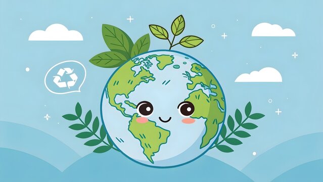Cute smiling earth globe character with green leaves and recycling symbol illustration on transparent background
