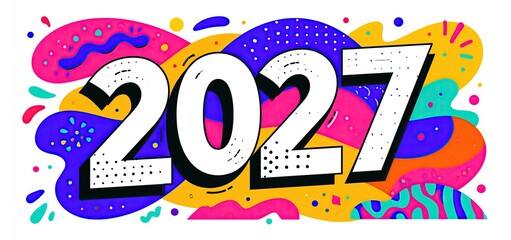 Obraz premium Bold 2027 New Year numbers framed by vivid abstract shapes create a lively, festive composition with bright colors.