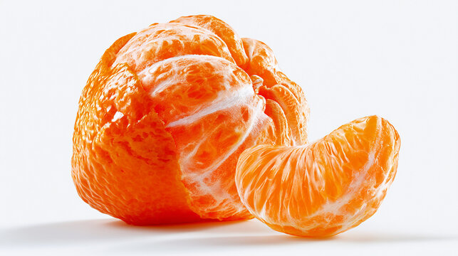 Peeled mandarin orange with a separate segment isolated on white background