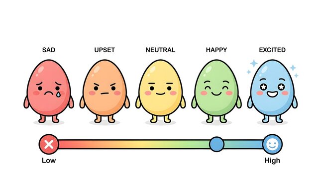 Colorful egg characters showing a pain scale from low to high with emotional facial expressions on white background