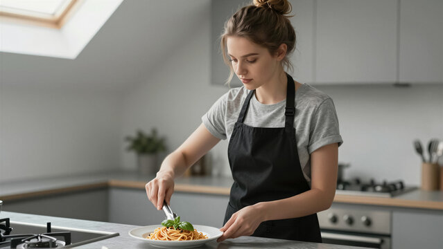 Young woman carefully plating fresh spaghetti with basil in a modern kitchen. This healthy homemade Italian meal highlights contemporary cooking and lifestyle
