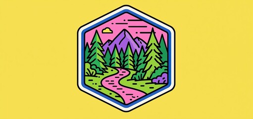 Obraz na płótnie Canvas Vibrant hexagonal emblem depicting a forest path, designed for outdoor exploration campaigns and adventure gear promotion.
