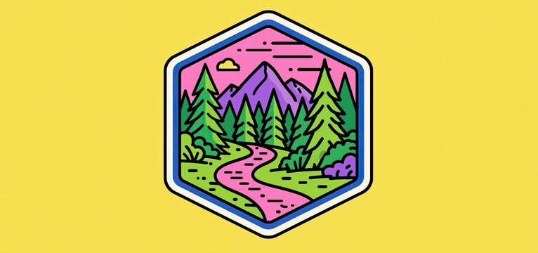 Vibrant hexagonal emblem depicting a forest path, designed for outdoor exploration campaigns and adventure gear promotion.