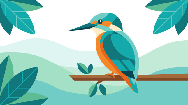 Kingfisher bird vector wildlife nature tropical colorful branch leaves landscape with teal plumage perched above water for conservation branding education posters and environmental design