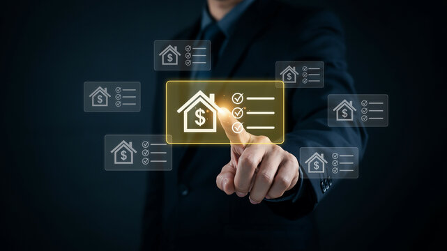 Finger touching glowing real estate selection interface with house and dollar icons property home
