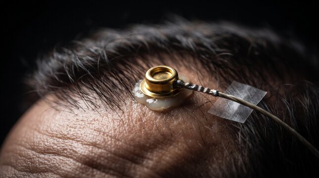 macro close up shot of a gold eeg scalp electrode attached with conductive paste to human head for neurological brain monitoring