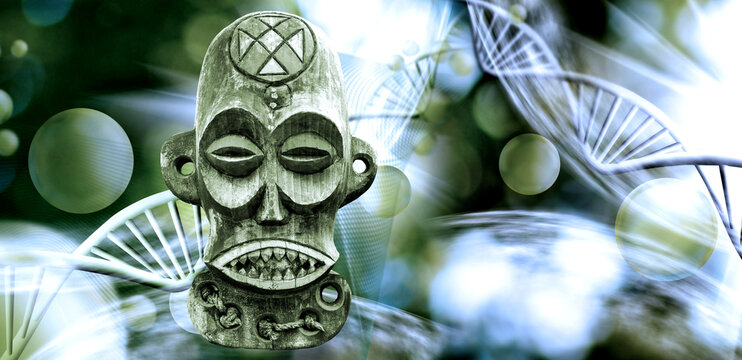 Wooden mask displayed in a natural setting with abstract shapes in the background