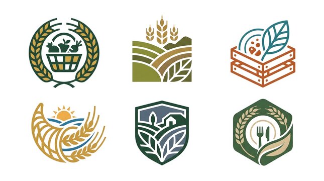 Set of minimalist agriculture and organic farming logo designs featuring wheat stalks