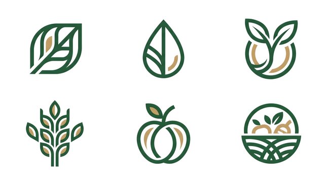 A collection of six minimalist and modern vector logo icons featuring abstract green leaves