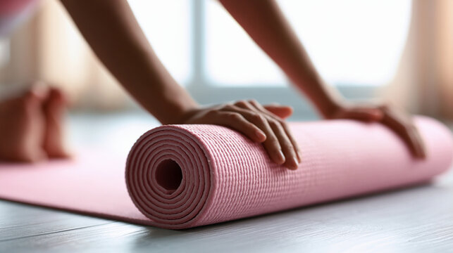 Woman rolling up a pink yoga mat after workout at home