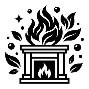 Minimalist fireplace vector icon, burning hearth with decorative leaves and sparks, black and white fireplace logo design