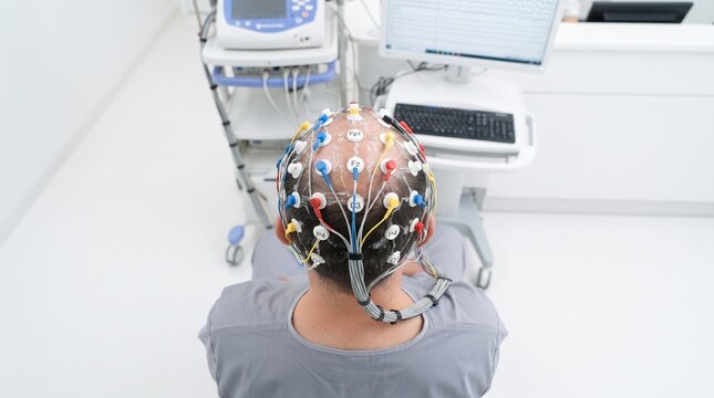 high angle view of male patient wearing an eeg cap with multi colored wires connected to diagnostic computer equipment