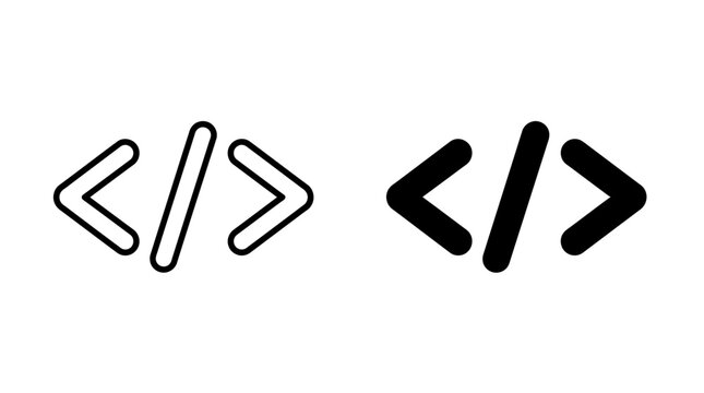 Code icon set with outline and solid programming symbols for web development interface design