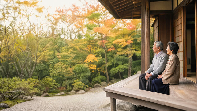 A peaceful traditional japanese engawa veranda with garden view in autumn - respect for the aged day serene living banner with copy space