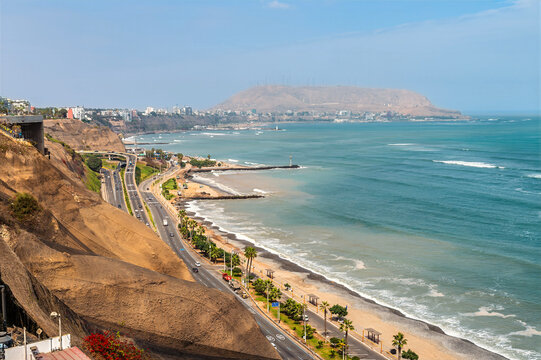 A view along the clay cliffs of Lima, Peru towards the Morro Solar headland in the dry season