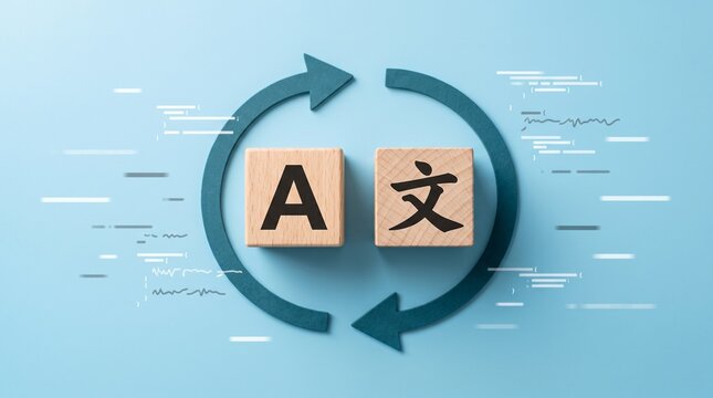 Wooden blocks with letter a and chinese character representing translation concept with circular arrows on a light blue background for international communication and language