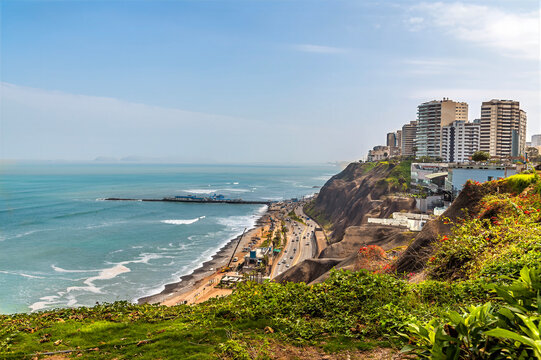 A view north along the clay cliffs of Lima, Peru in the dry season