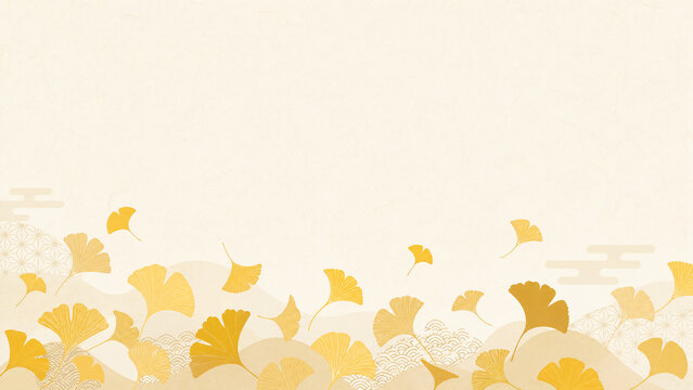 Golden ginkgo leaves scattered elegantly - japanese autumn golden season flat design illustration banner with copy space