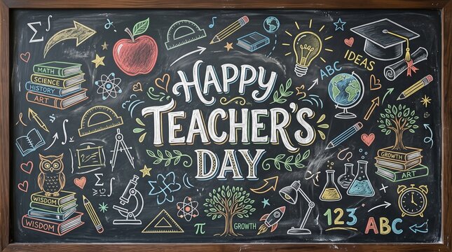 A festive chalkboard drawing celebrating happy teachers day with colorful hand drawn illustrations of school supplies and educational icons on a dark background
