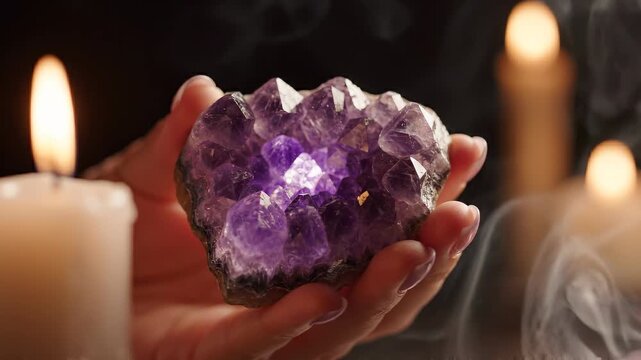 amethyst crystal hand healing energy gemstone spiritual meditation wellness purple A hand presents a vivid purple amethyst cluster between warm candle flames and drifting smoke creating a calm ritual
