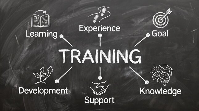 A professional business training concept diagram displayed on a dark chalkboard background with icons representing learning experience goal development support and knowledge growth