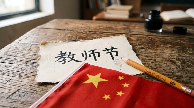 A piece of paper with chinese calligraphy for teachers day placed on a rustic wooden desk next to a red flag of china
