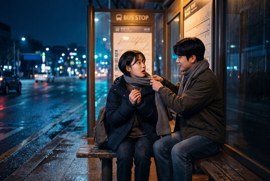 Couple bus stop at night in rain with man adjusting woman's scarf on bench for romantic urban background and evening transport scene