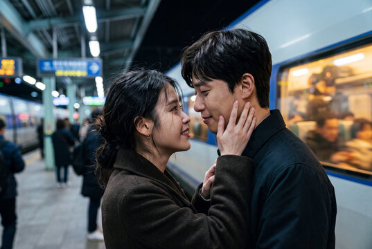 Emotional farewell of lovers at a train station platform for romantic poster and travel banner design with cinematic nighttime mood