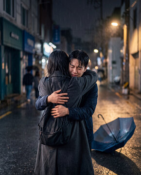 Emotional reunion hug in a rainy night street with a fallen umbrella for dramatic poster or romantic wallpaper