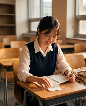 Female student smiling while studying with a notebook and notes at a classroom desk for education and study background or poster design