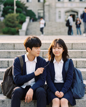 High school students sharing earphones on campus steps for teen lifestyle background portrait of friendship and youth on a sunny school day