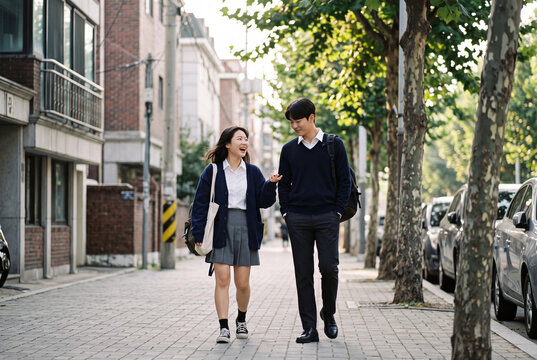 High school students walking on a tree lined street talking for education lifestyle background and campus banner