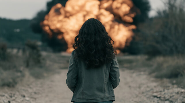 Person Witnessing a Massive Explosion in the Distance, Dramatic Disaster and Emergency Scene