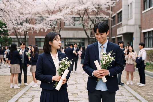 Two students holding diplomas and flowers under cherry blossoms in a school courtyard for graduation celebration banner and event background