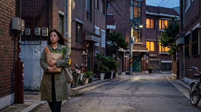 Woman walking through a narrow residential alley at dusk carrying a grocery bag with vegetables for urban lifestyle and evening scene